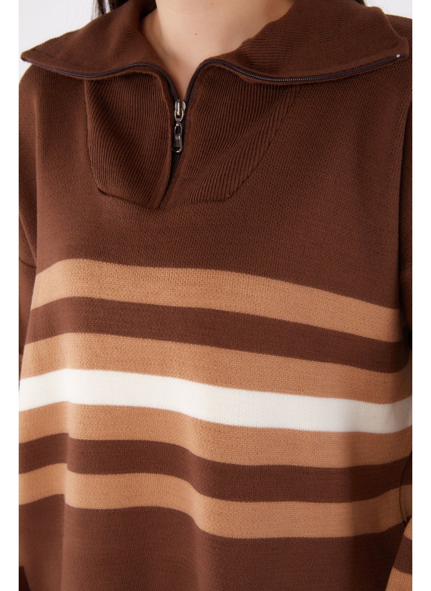 Plain Shirt Collar Women's Coffee Striped Knitwear Tunic - 26419