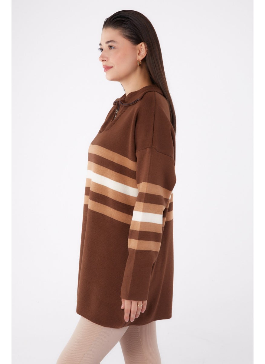 Plain Shirt Collar Women's Coffee Striped Knitwear Tunic - 26419