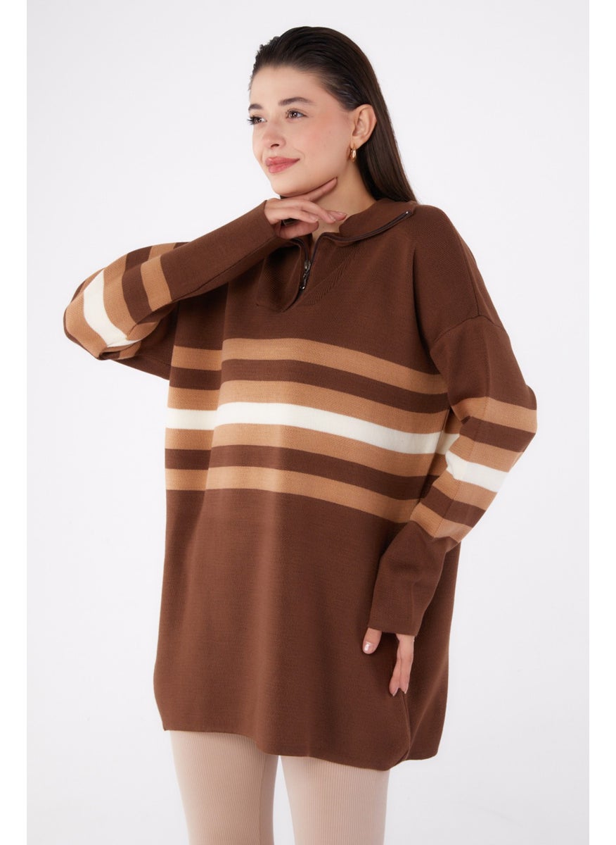 Plain Shirt Collar Women's Coffee Striped Knitwear Tunic - 26419