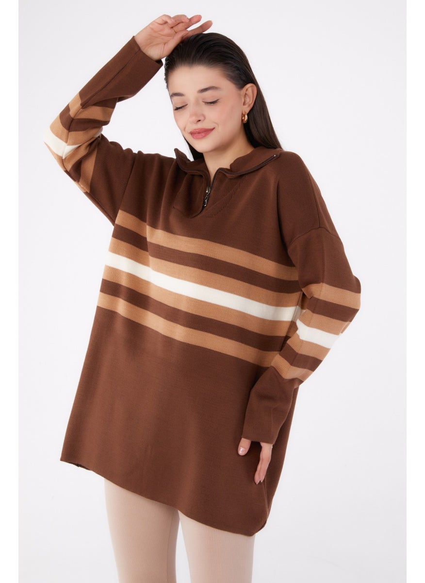 Plain Shirt Collar Women's Coffee Striped Knitwear Tunic - 26419