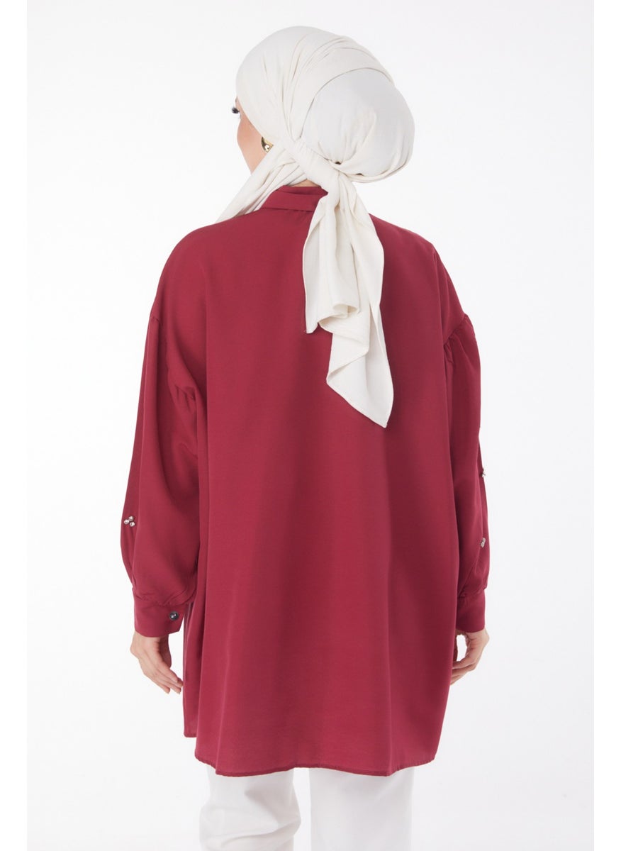 Plain Shirt Collar Women's Burgundy Tunic - 13022