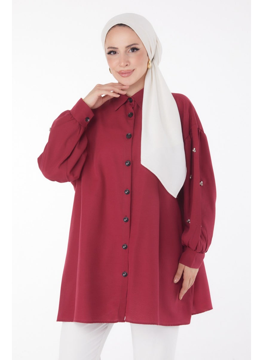 Plain Shirt Collar Women's Burgundy Tunic - 13022