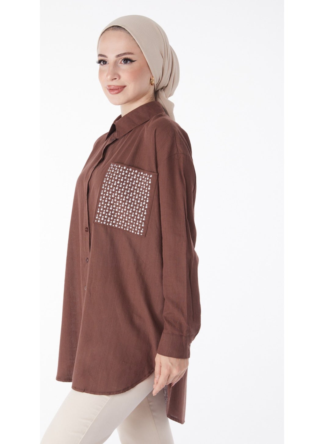 Plain Shirt Collar Women's Brown Pocket Stone Detailed Tunic - 13168