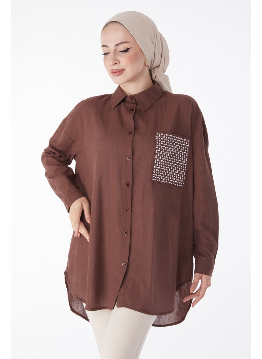 Plain Shirt Collar Women's Brown Pocket Stone Detailed Tunic - 13168