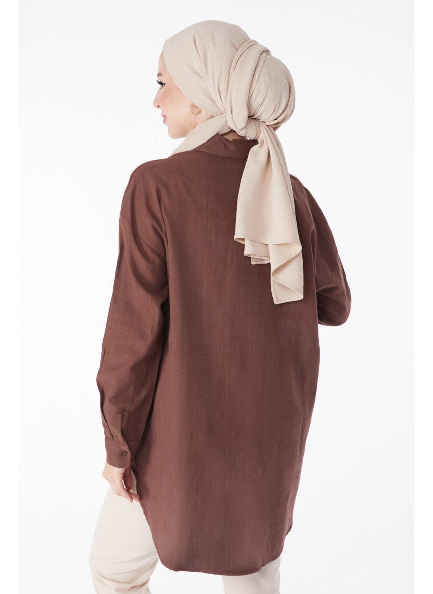 Plain Shirt Collar Women's Brown Pocket Stone Detailed Tunic - 13168