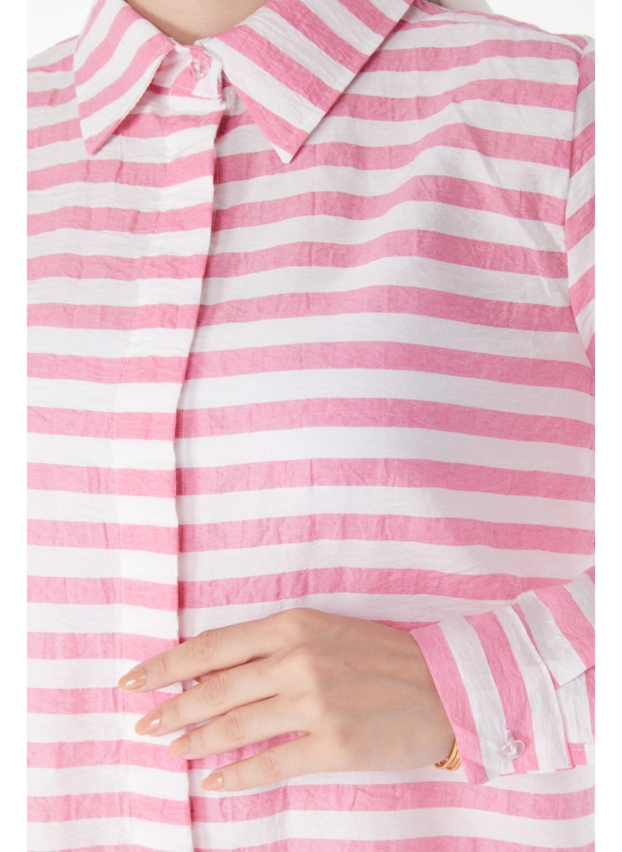 Plain Shirt Collar Women's Pink Striped Tunic - 13178