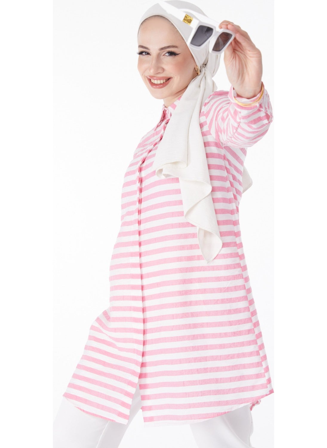 Plain Shirt Collar Women's Pink Striped Tunic - 13178