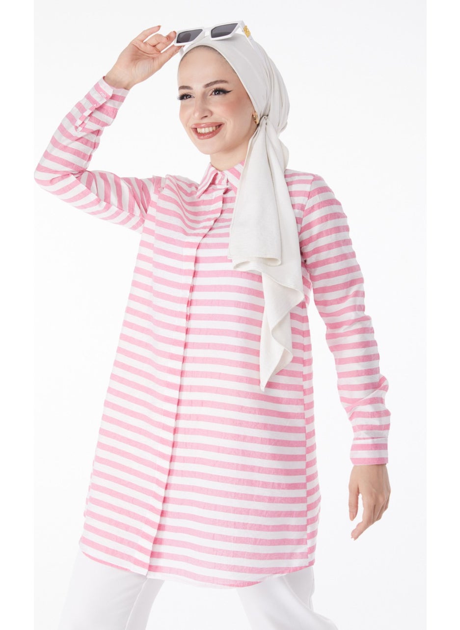 Plain Shirt Collar Women's Pink Striped Tunic - 13178