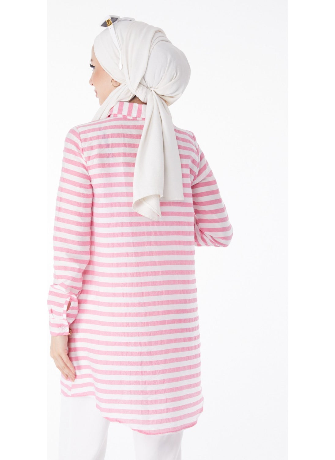 Plain Shirt Collar Women's Pink Striped Tunic - 13178