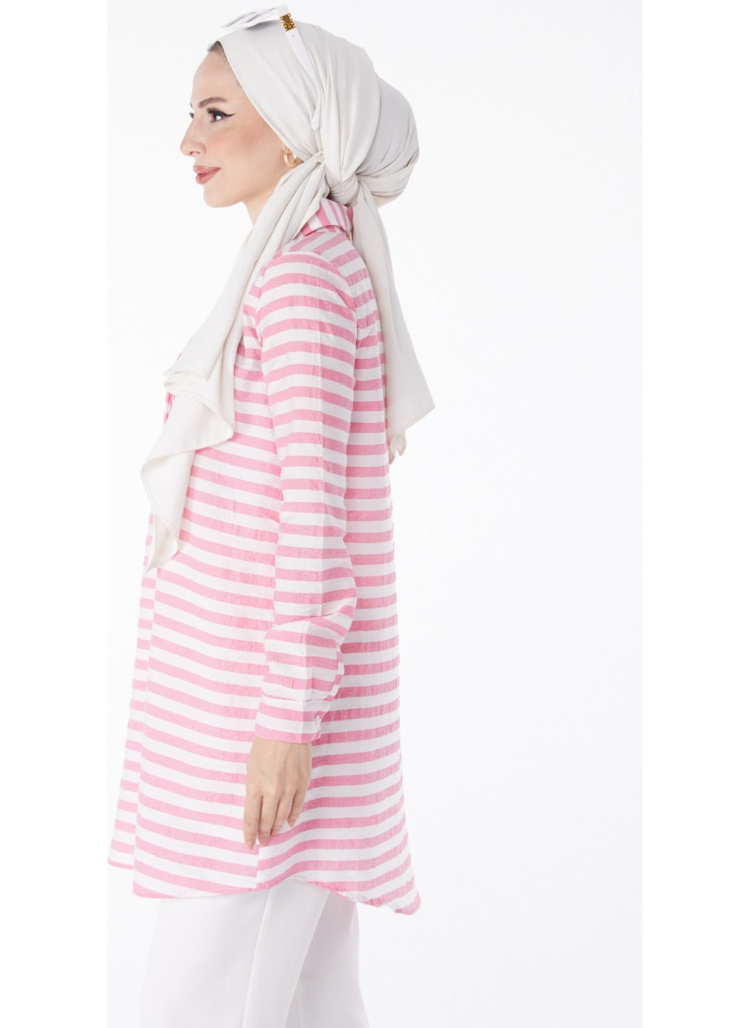 Plain Shirt Collar Women's Pink Striped Tunic - 13178