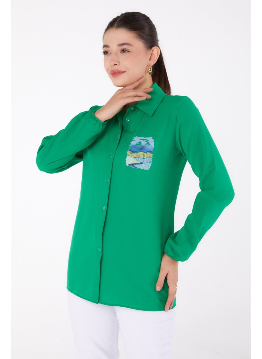 Plain Shirt Collar Women's Green Printed Shirt - 13340