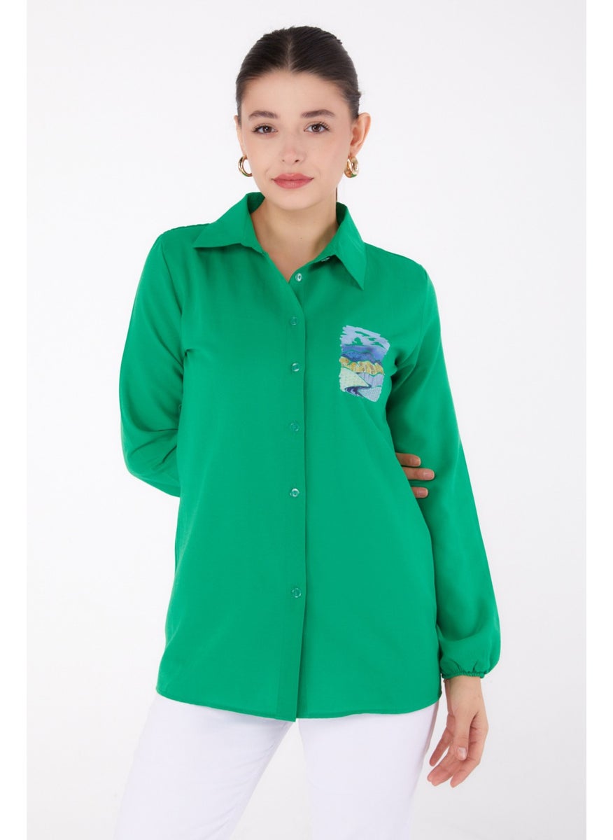 Plain Shirt Collar Women's Green Printed Shirt - 13340