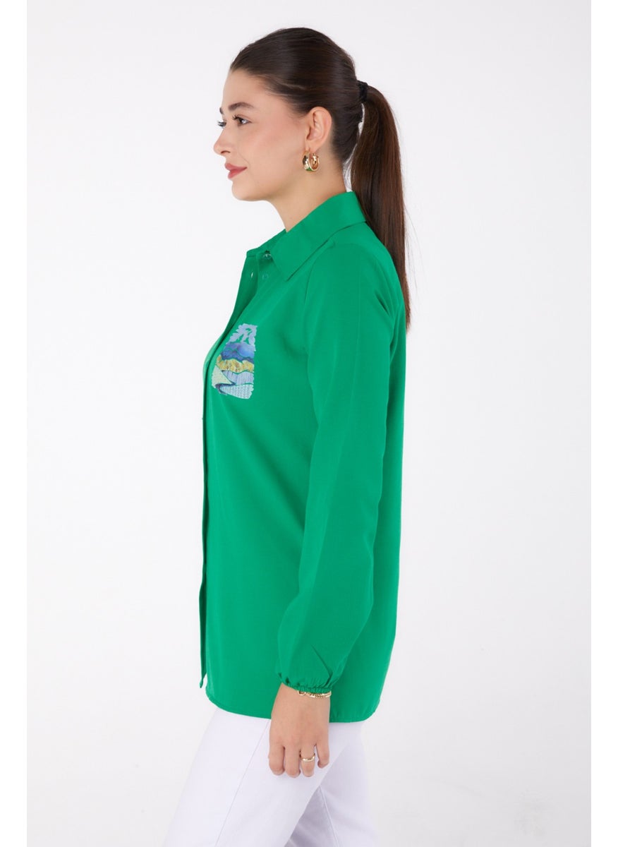 Plain Shirt Collar Women's Green Printed Shirt - 13340