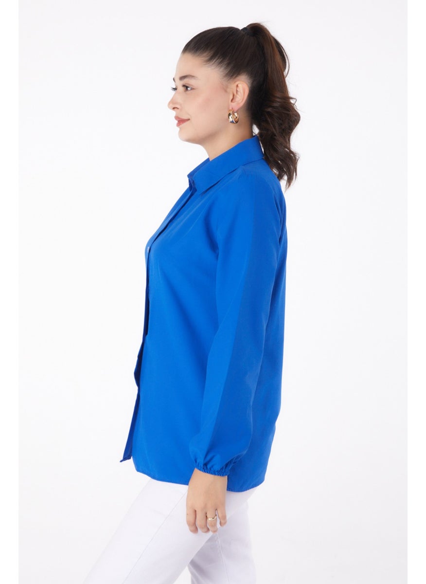 Plain Shirt Collar Women's Blue Shirt - 13249