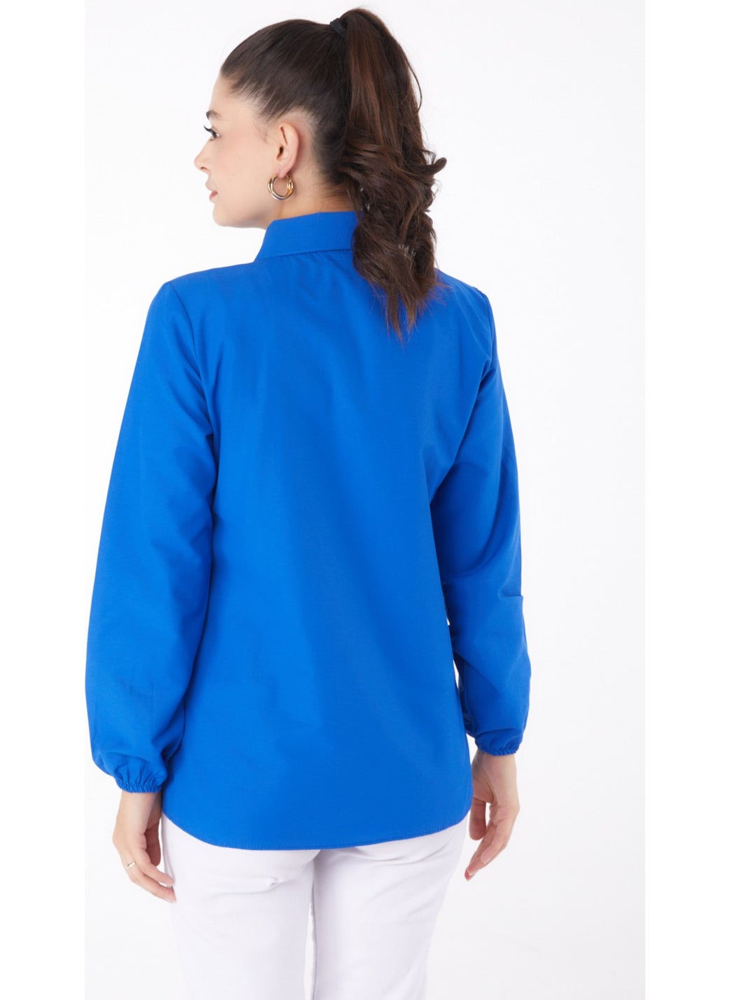 Plain Shirt Collar Women's Blue Shirt - 13249