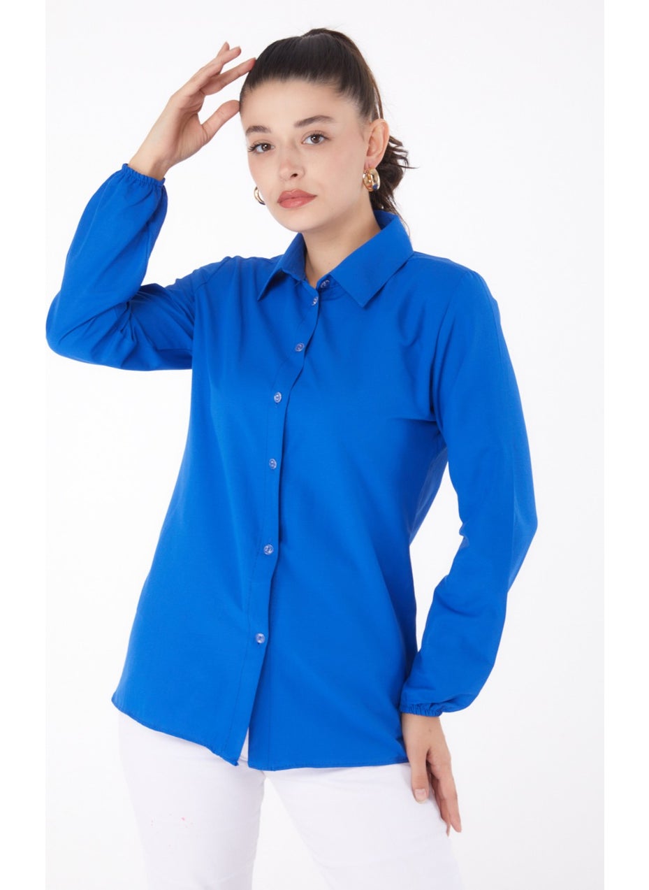 Plain Shirt Collar Women's Blue Shirt - 13249