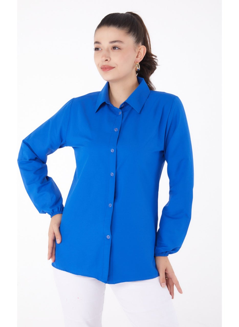 Plain Shirt Collar Women's Blue Shirt - 13249