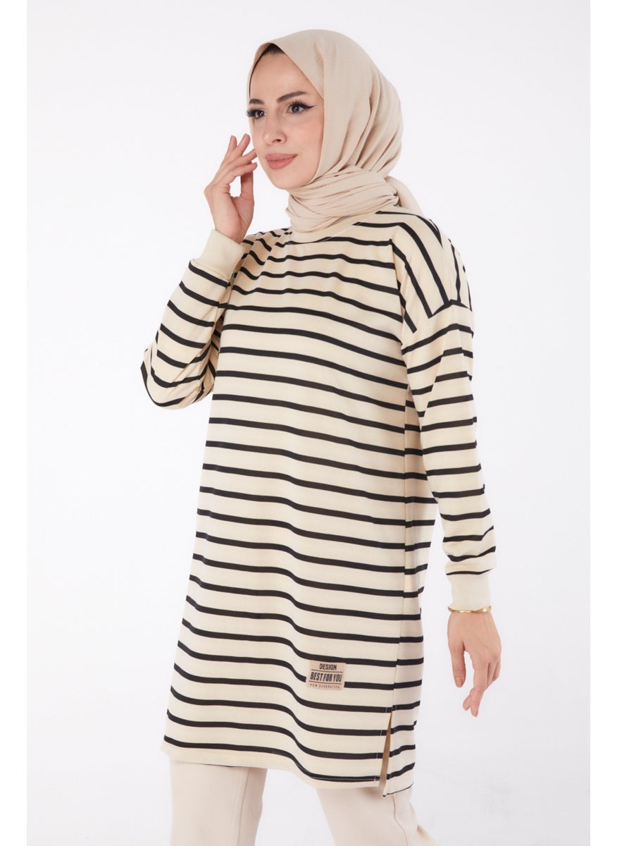 Plain Crew Neck Women's Black Striped Tunic - 26458