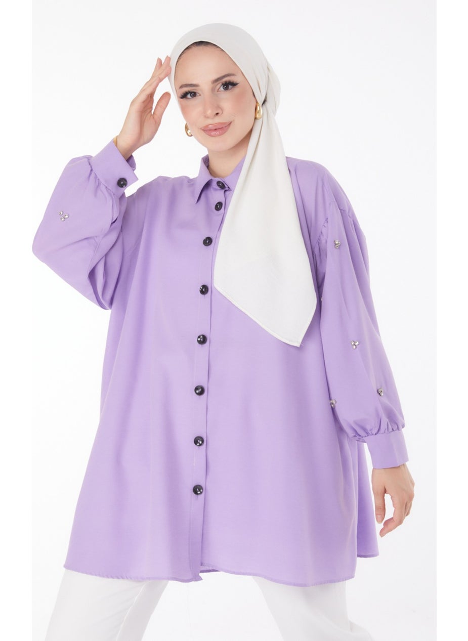 Plain Shirt Collar Women's Lilac Tunic - 13022