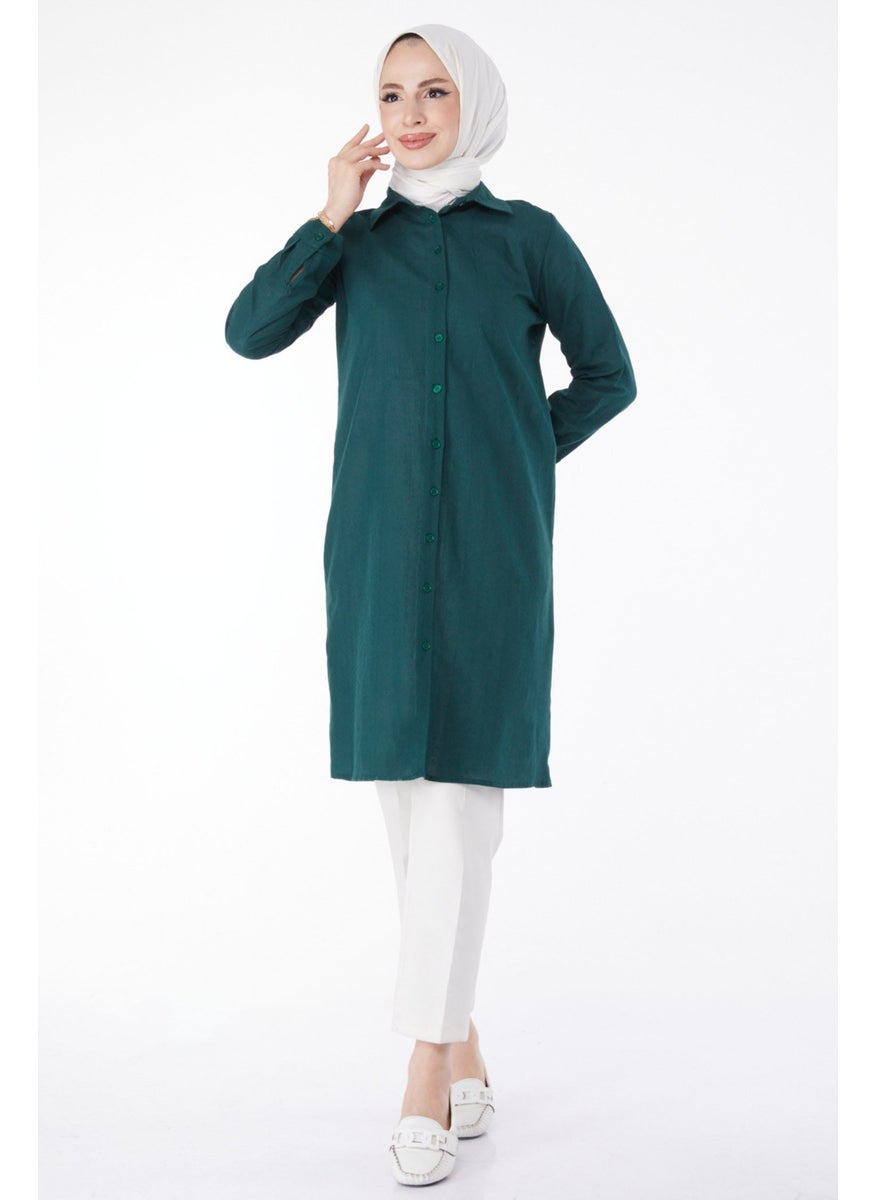 Plain Shirt Collar Women's Green Tunic - 13141