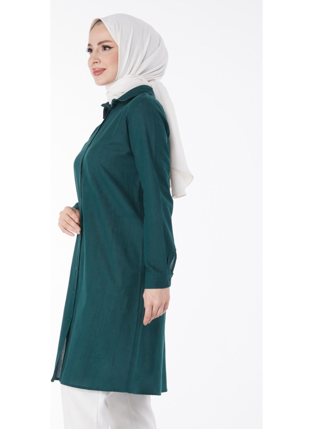 Plain Shirt Collar Women's Green Tunic - 13141