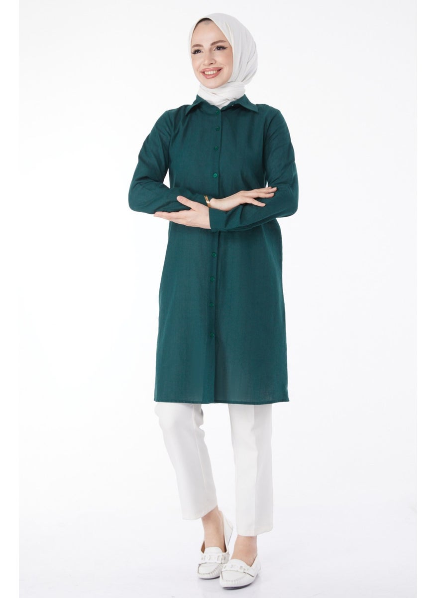 Plain Shirt Collar Women's Green Tunic - 13141