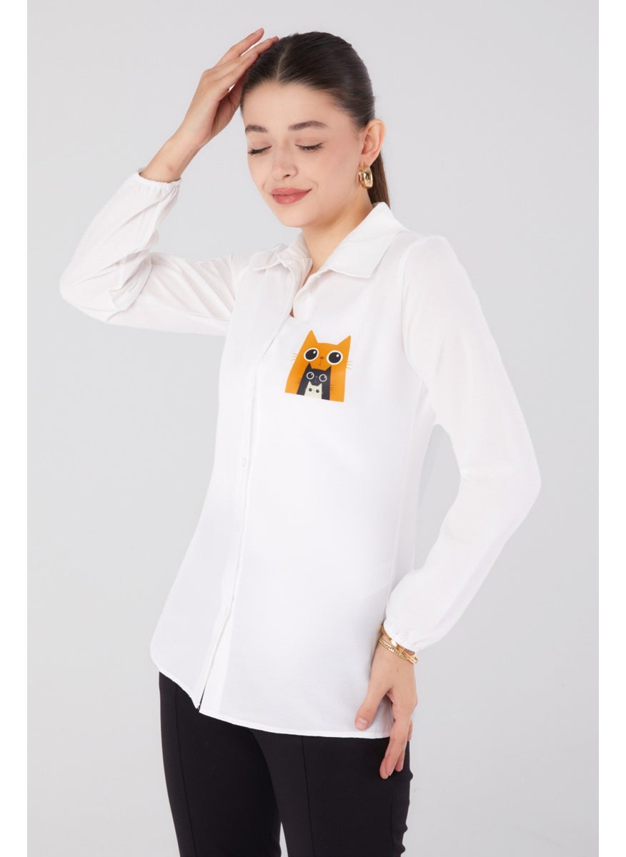 Plain Shirt Collar Women's White Printed Shirt - 13345