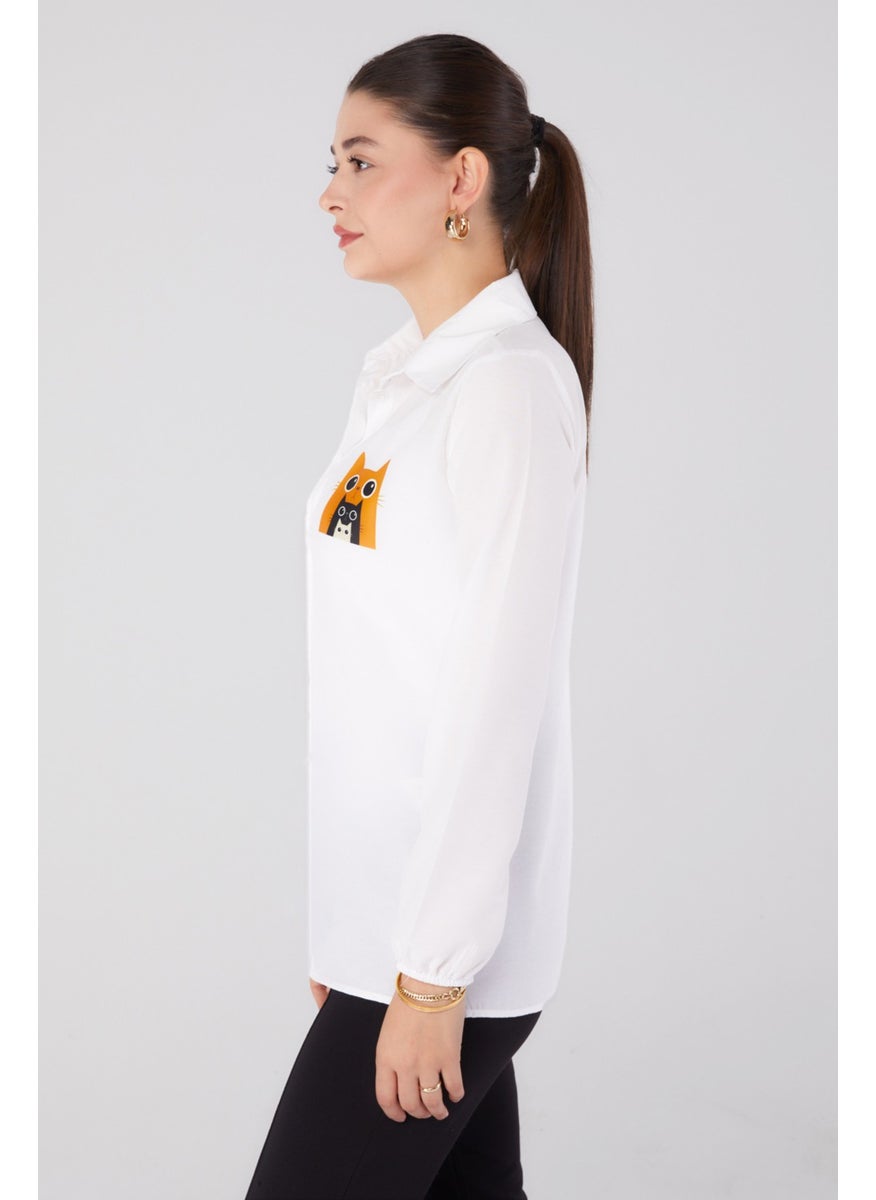 Plain Shirt Collar Women's White Printed Shirt - 13345