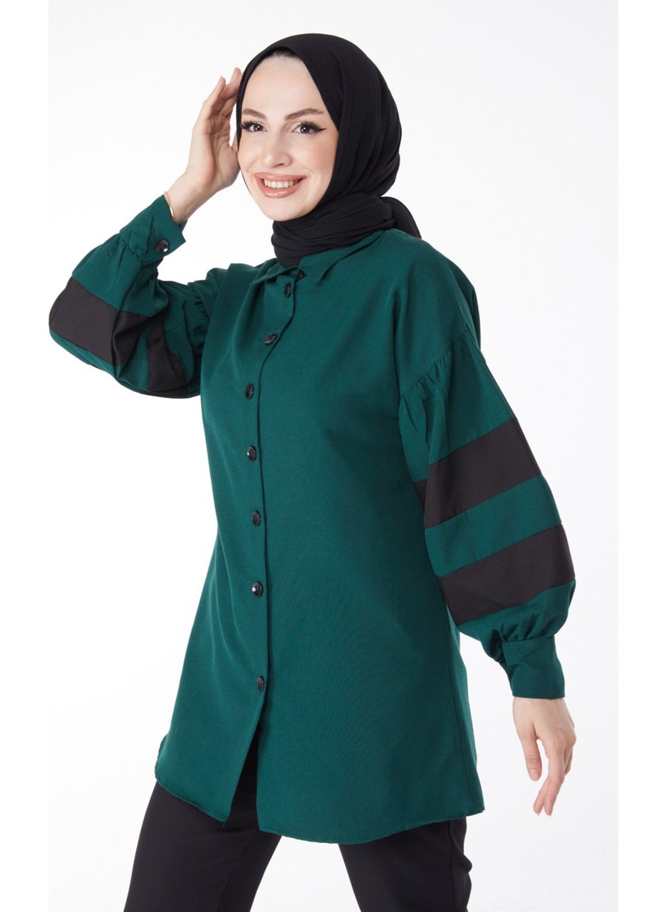 Plain Shirt Collar Women's Green Balloon Sleeve Garnish Tunic - 13158