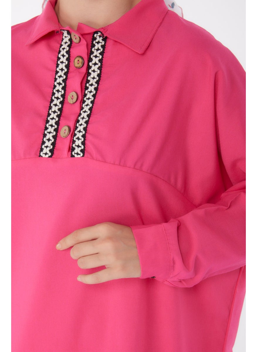 Plain Shirt Collar Women's Fuchsia Tunic - 13257