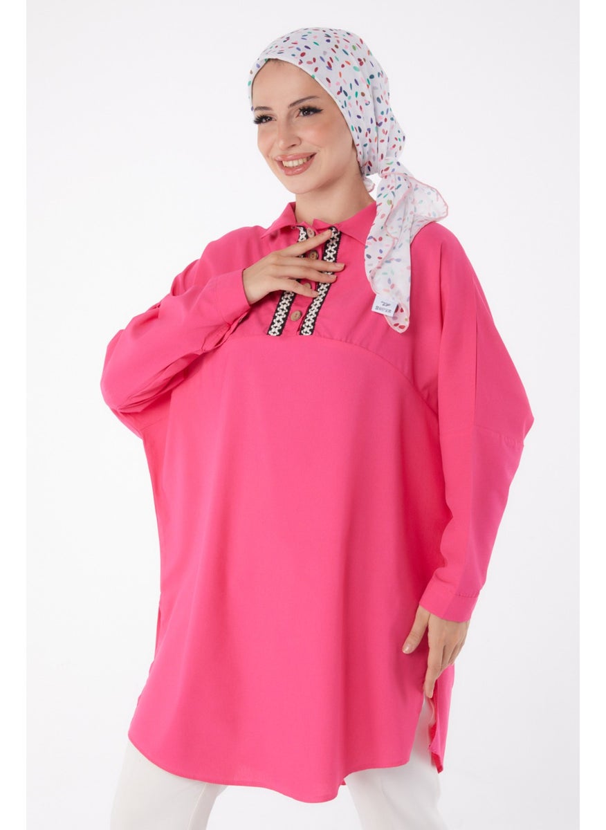 Plain Shirt Collar Women's Fuchsia Tunic - 13257