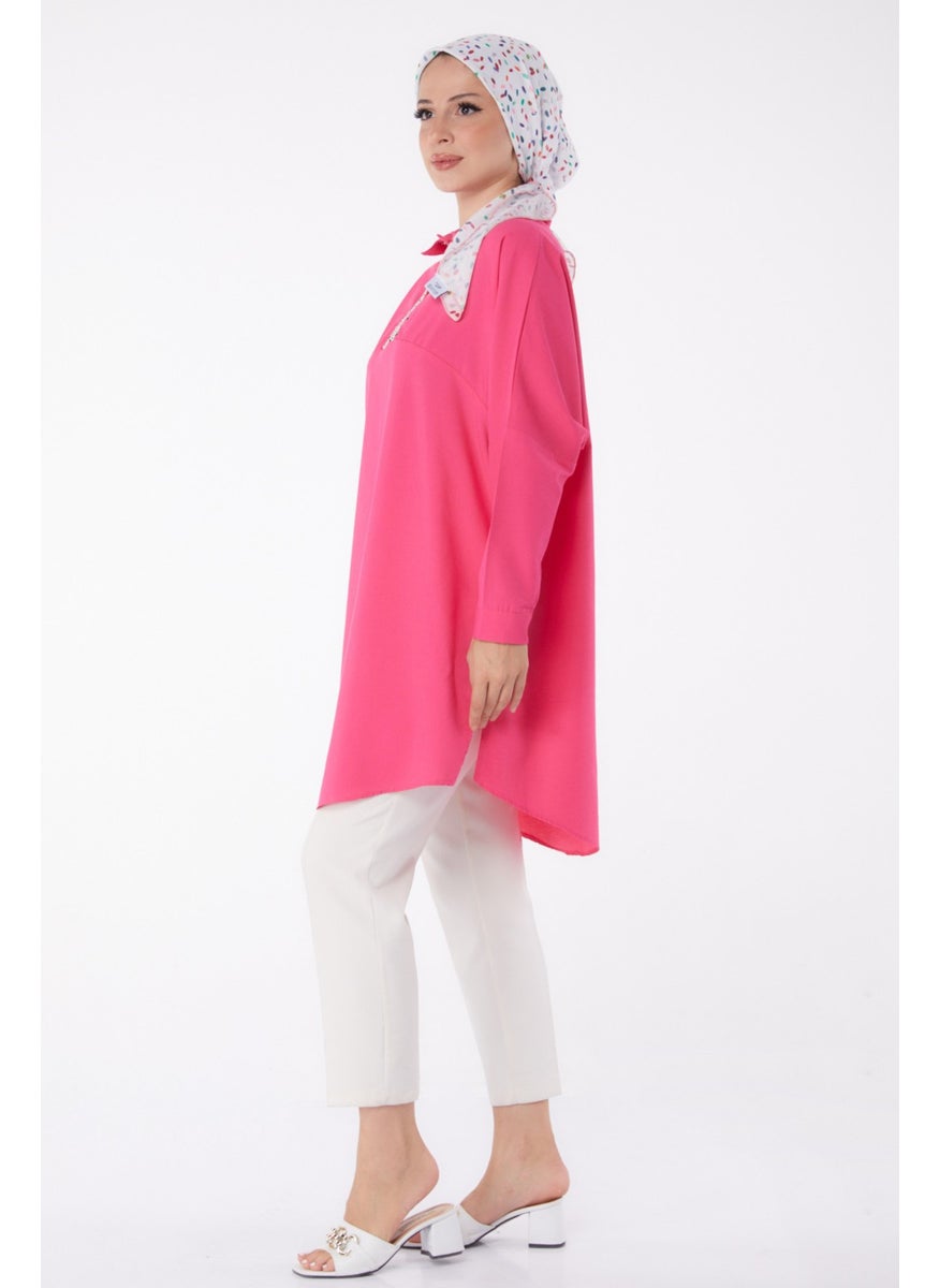 Plain Shirt Collar Women's Fuchsia Tunic - 13257