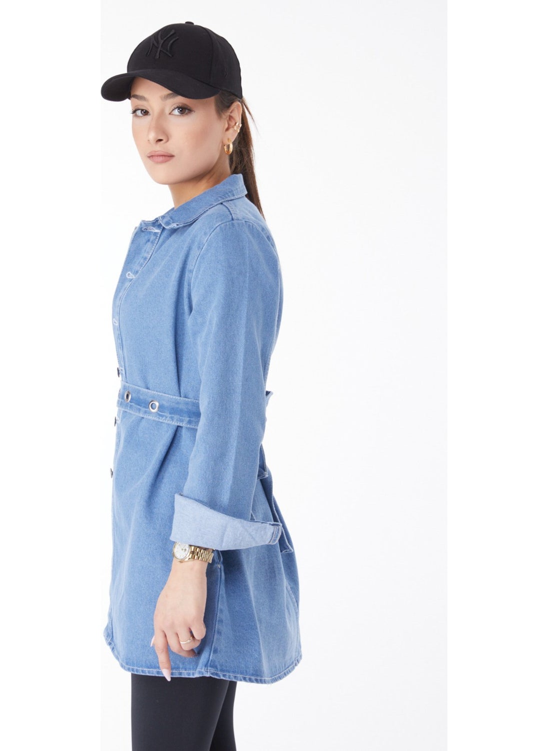 Plain Shirt Collar Women's Blue Denim Tunic - 24050