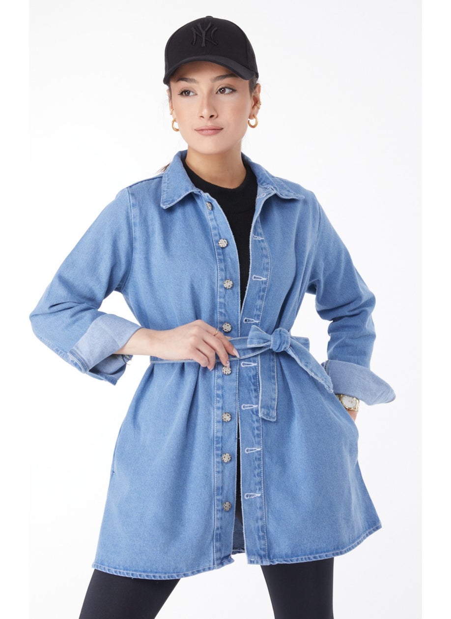 Plain Shirt Collar Women's Blue Denim Tunic - 24050