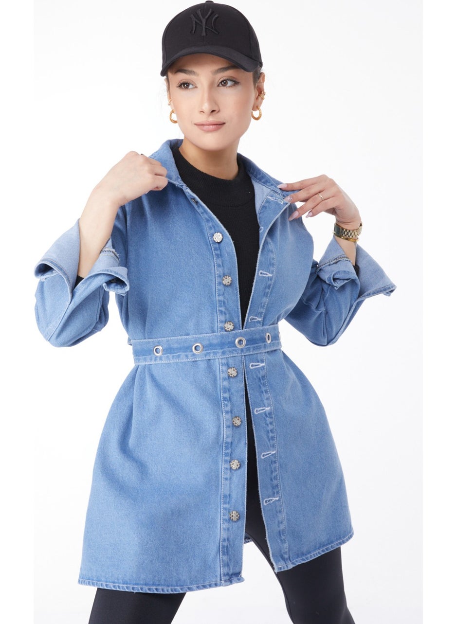 Plain Shirt Collar Women's Blue Denim Tunic - 24050