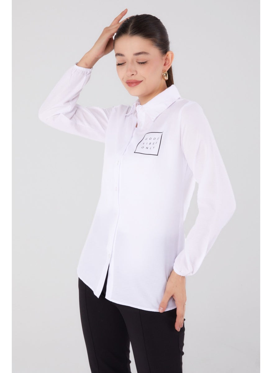 Plain Shirt Collar Women's White Printed Shirt - 13344