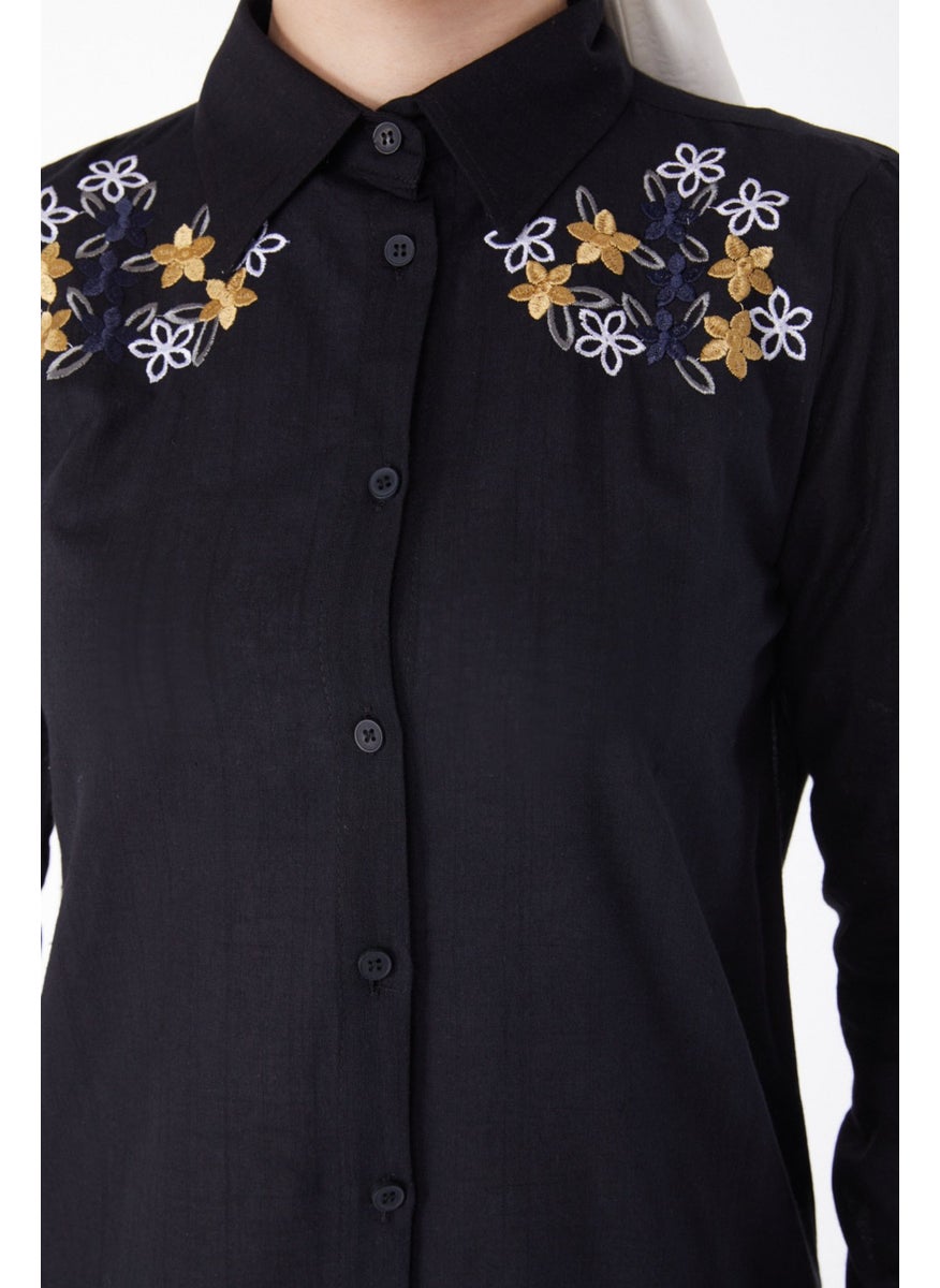 Plain Shirt Collar Women's Black Embroidered Shirt - 13167