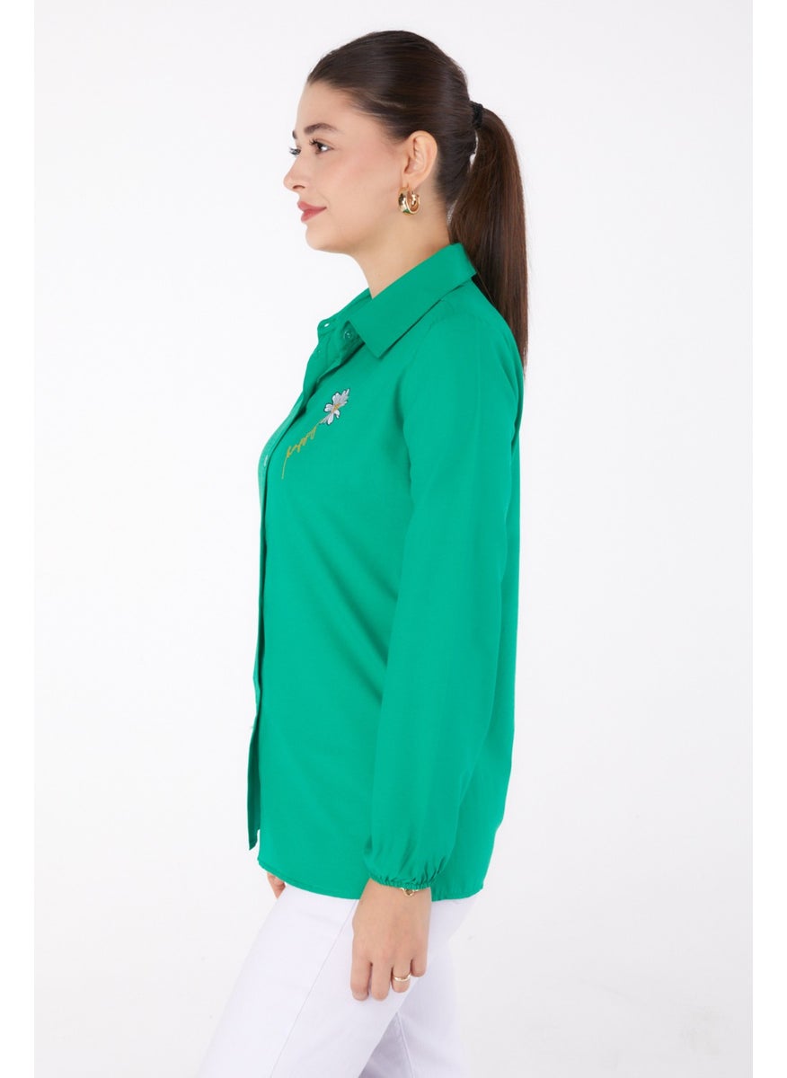 Plain Shirt Collar Women's Green Printed Shirt - 13343