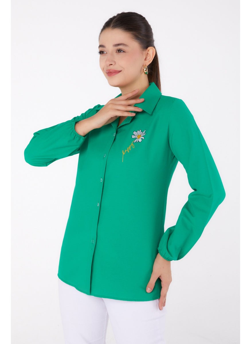 Plain Shirt Collar Women's Green Printed Shirt - 13343