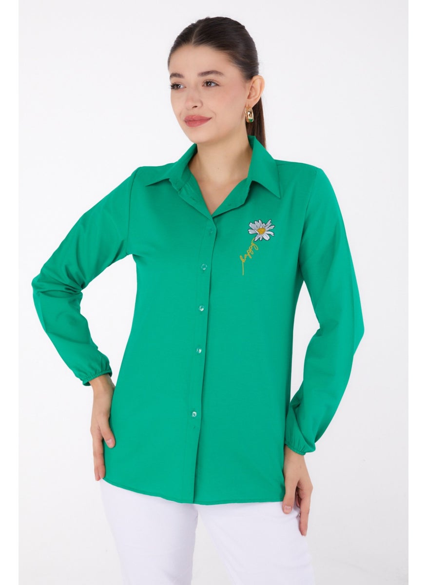 Plain Shirt Collar Women's Green Printed Shirt - 13343