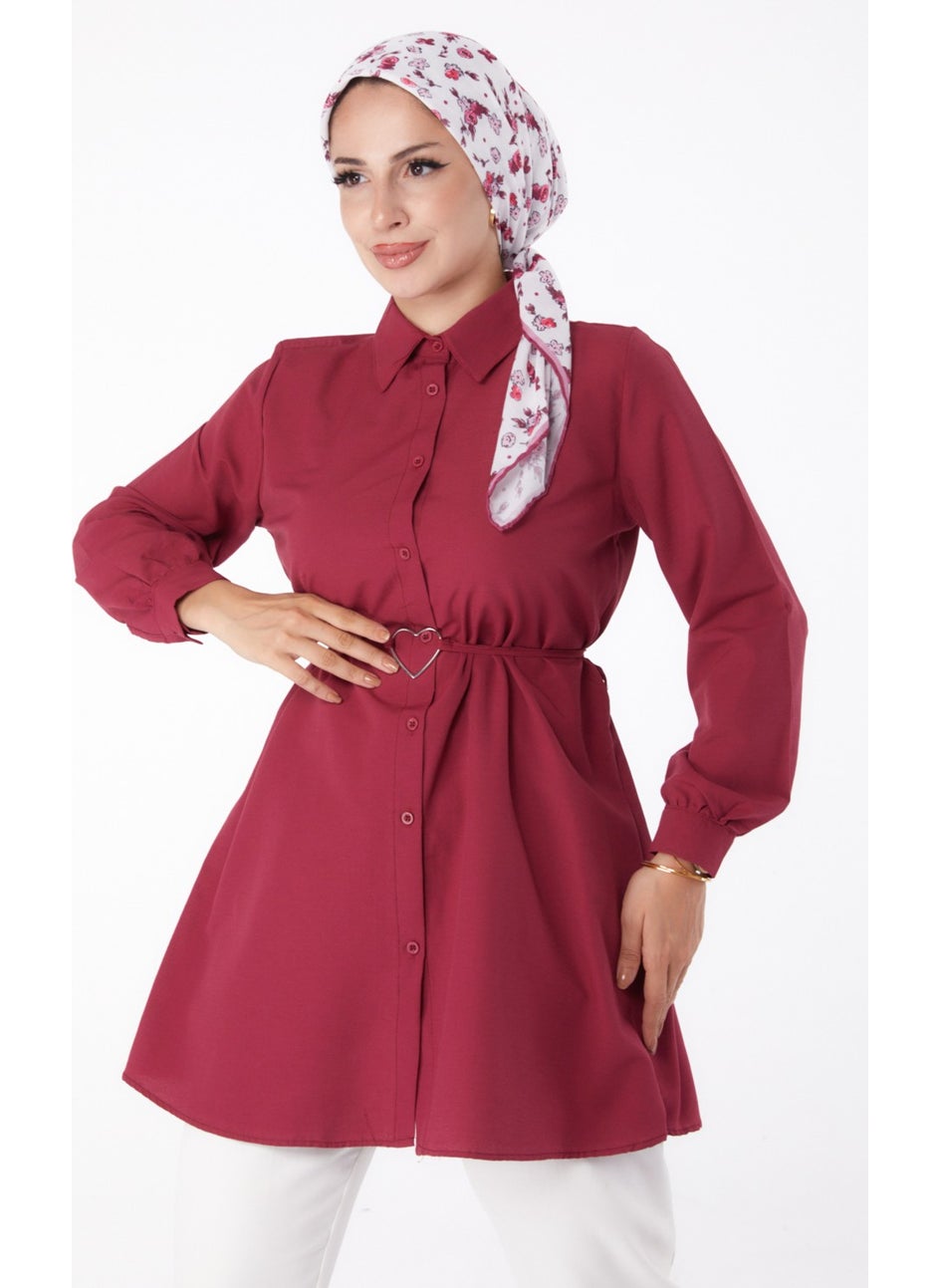 Plain Shirt Collar Women's Burgundy Tunic - 13280