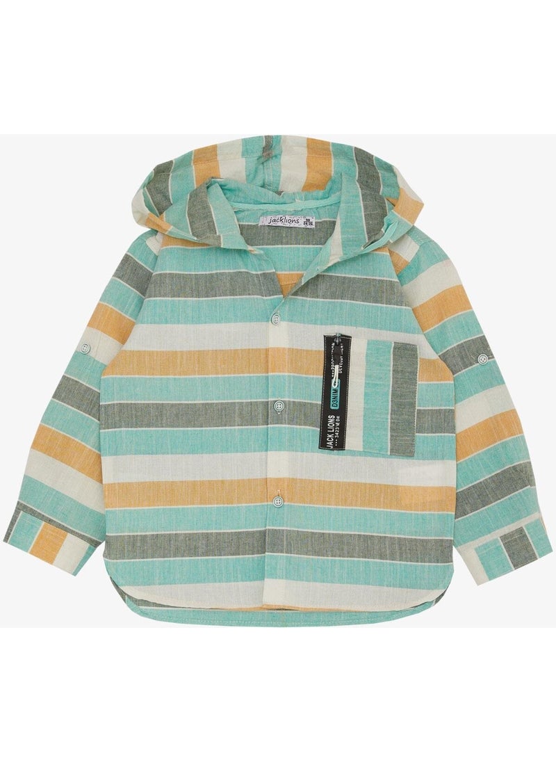 Boy's Shirt with Hooded Zipper Pocket, Age 1.5-5, Water Green