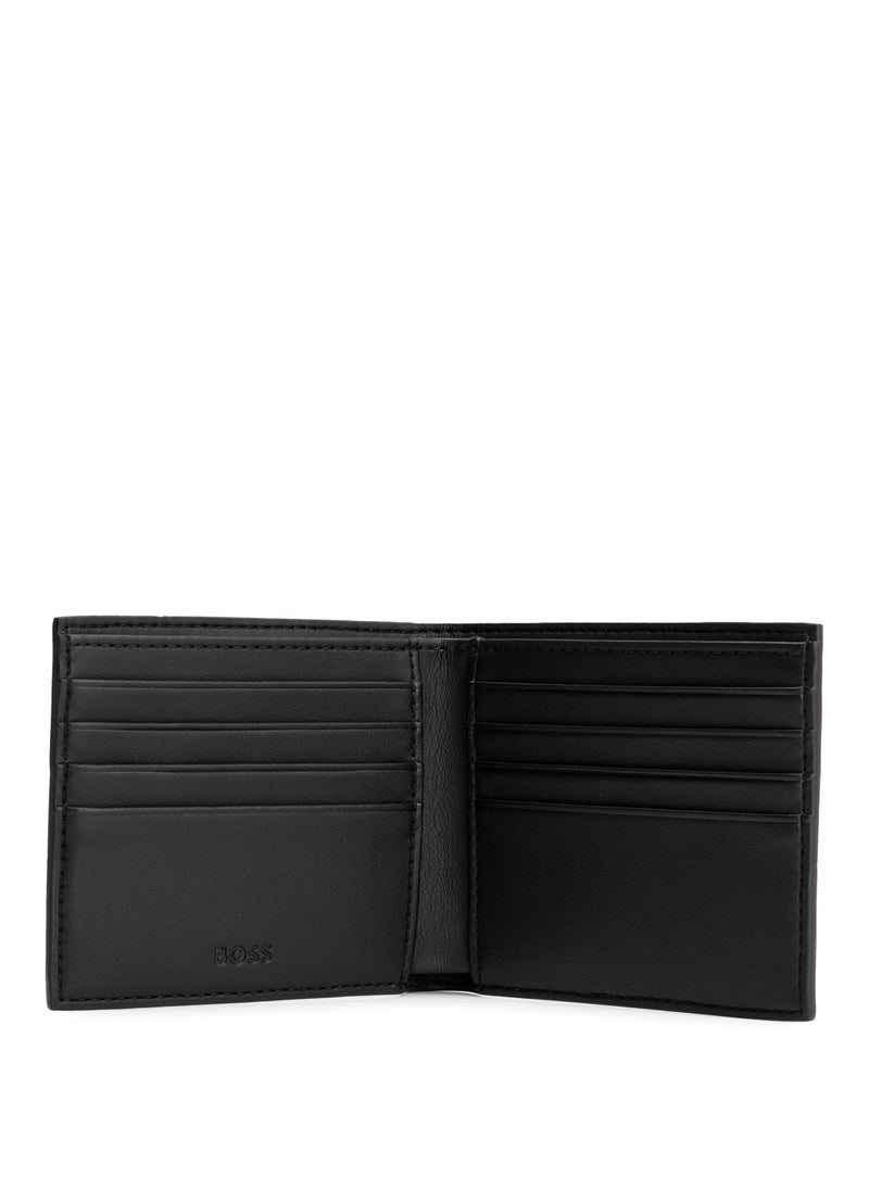 Faux-leather wallet with signature stripe and polished hardware