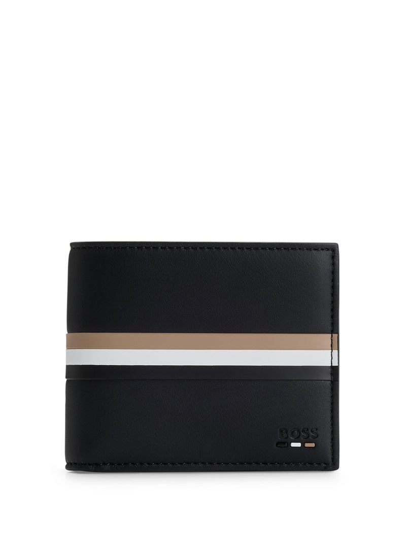 Faux-leather wallet with signature stripe and polished hardware