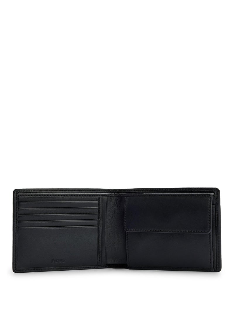 Leather billfold wallet with embossed logo and coin pocket