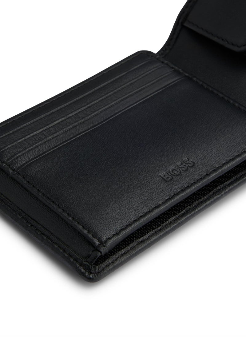 Leather trifold wallet with embossed logo and coin pocket