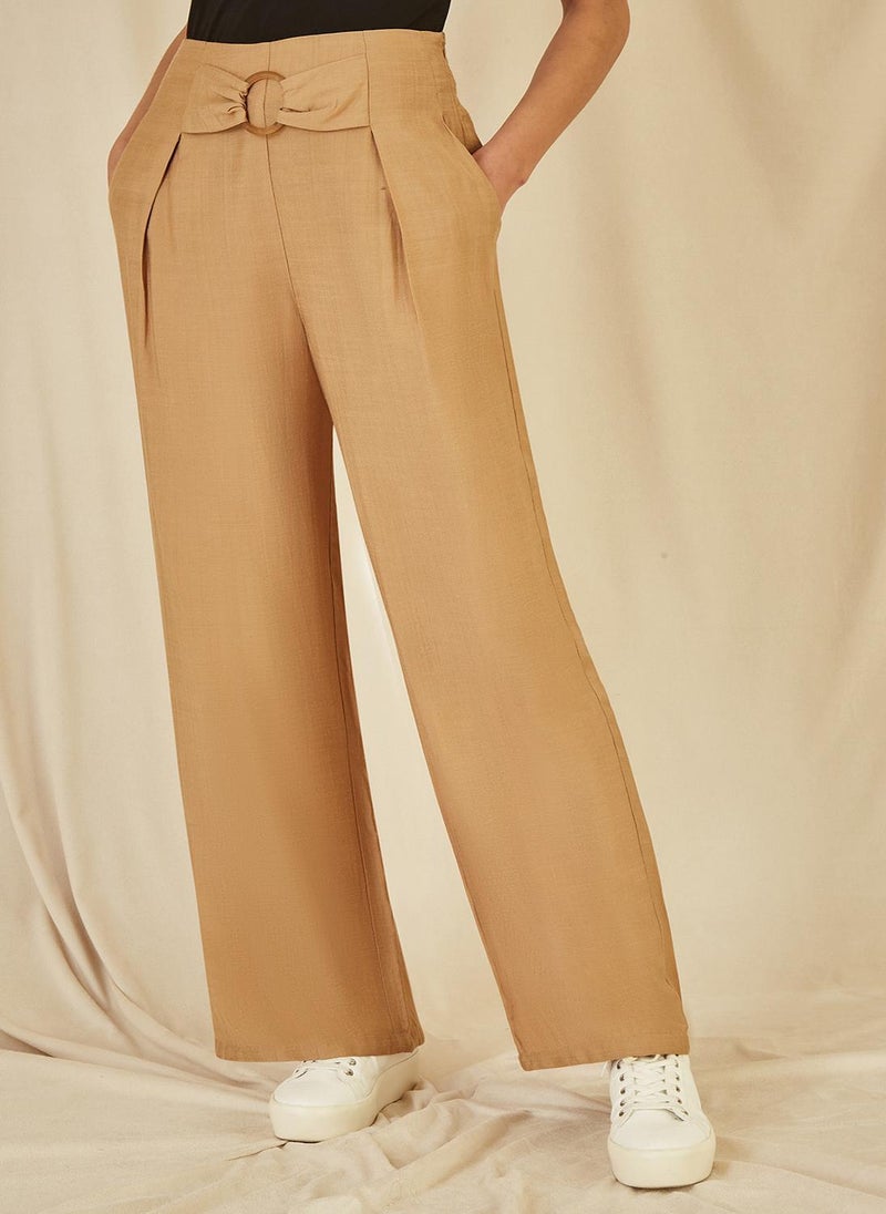 Wide Leg Trousers With Front Buckle Detail