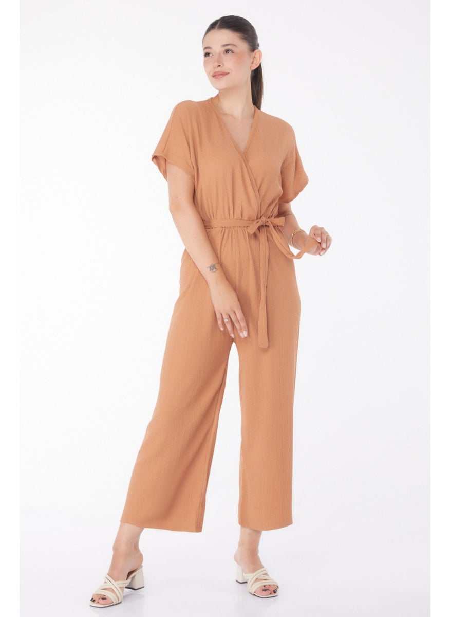 Plain Double Breasted Women's Mink Belted Jumpsuit - 25110