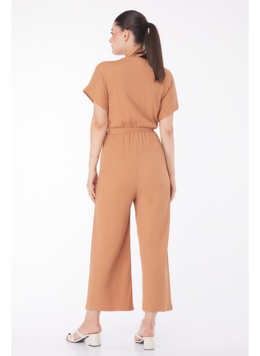 Plain Double Breasted Women's Mink Belted Jumpsuit - 25110