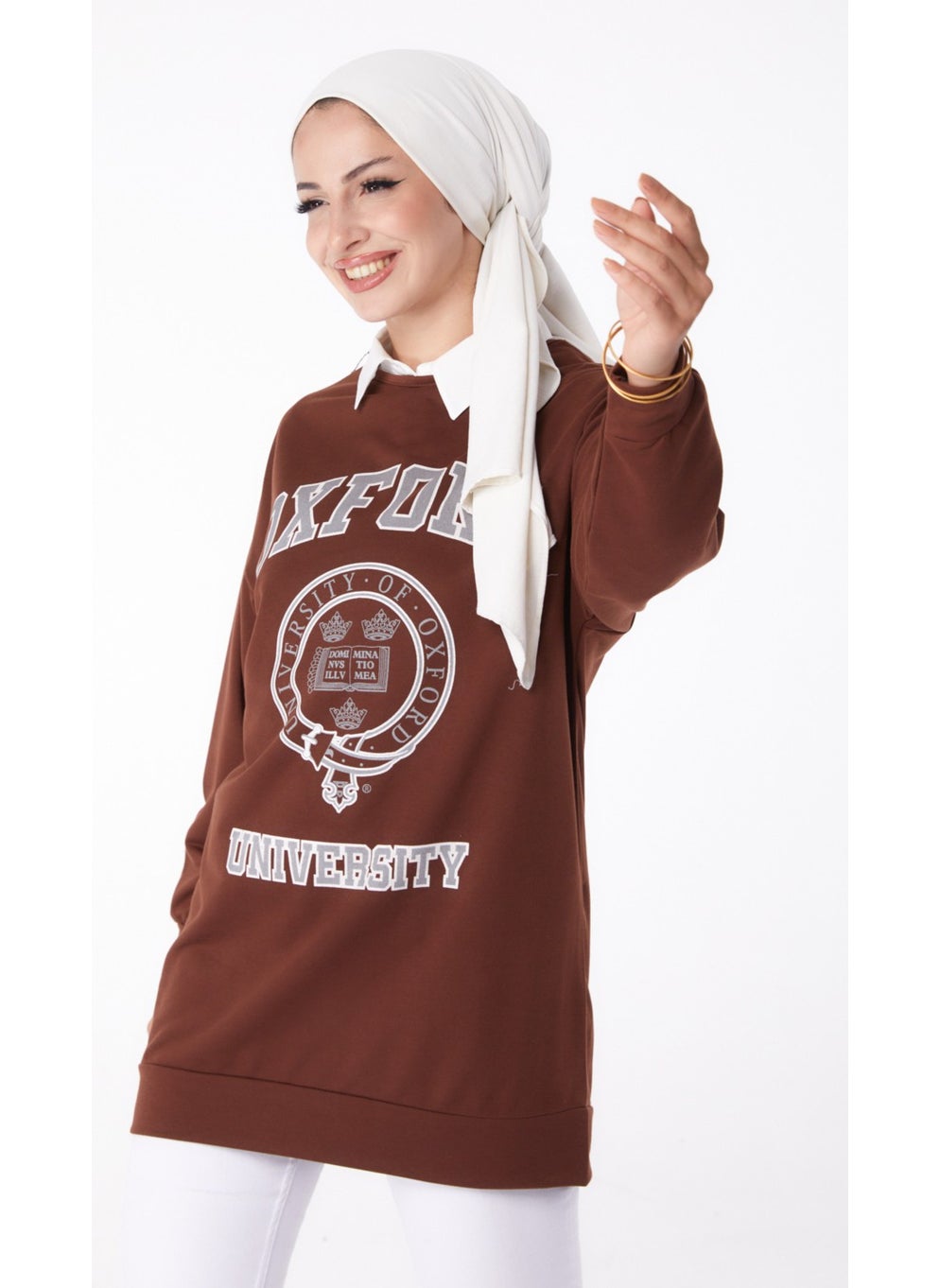 Plain Crew Neck Women's Brown Printed Sweatshirt - 13281